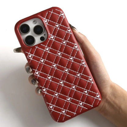 Genuine leather iPhone case features a delicate heart embroidery stitching, Red with White Stitching